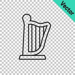 Poster - Black line Harp icon isolated on transparent background. Classical music instrument, orhestra string acoustic element.  Vector