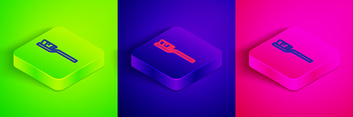 Canvas Print - Isometric line Toothbrush icon isolated on green, blue and pink background. Square button. Vector