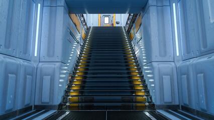 Wall Mural - staircase in a futuristic space station building interior. 3d rendering.