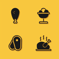 Wall Mural - Set Chicken leg, Roasted turkey or chicken, Steak meat and Ice cream in the bowl icon with long shadow. Vector