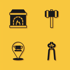 Sticker - Set Blacksmith oven, pliers tool, anvil and Sledgehammer icon with long shadow. Vector