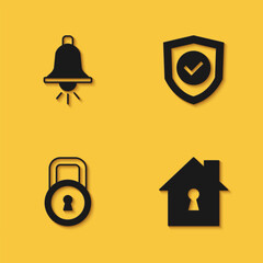 Poster - Set Ringing alarm bell, House under protection, Lock and Shield with check mark icon with long shadow. Vector