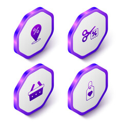 Canvas Print - Set Isometric Location with percent, Scissors cuts discount coupon, Shopping basket and Heart tag icon. Purple hexagon button. Vector