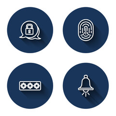 Poster - Set line Lock, Fingerprint, Password protection and Ringing alarm bell with long shadow. Blue circle button. Vector