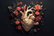 Beautiful anatomic heart with flowers and leaves floral romantic composition for greeting card3d black realistic abstract background