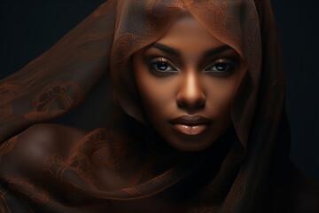 Black woman veil and fashion with creative fabric and elegance with girl on dark studio background African American female lady and cover with textile design and material for aesthetic style