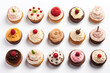 © Liliya Trott - Top view of the assortment of many different cupcakes with colorful frosting and berries on white table background. Bakery concept