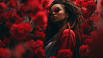 Poster - Young woman with dread locks and rounded sunglasses, surrounded by flowers