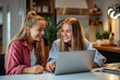 © luismolinero - Two teenager girl friends in a house working with a laptop