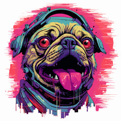 Sticker - portrait of Playful Pug Illustration, vibrant and playful illustration  a pug dog wearing red oversized sunglasses 