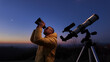 Amateur astronomer looking at the evening skies, observing planets, stars, Moon and other celestial objects with binoculars and telescope.
