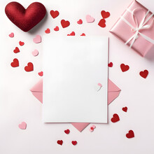 Valentine's Day. Love Letter And Red Box. White Background Top View Mockup