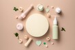 Create a chic and elegant branding campaign with this skin care top view flat lay, complete with pump bottles, a face roller, and an empty heart on a pastel beige, Generative AI