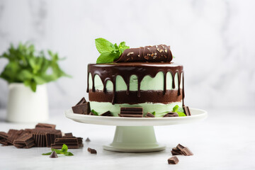 Chocolate and mint cake on white stand with chocolate ganache dripping on the sides, light background