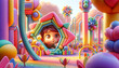 A whimsical animated art depiction of a child peeking curiously through a colorful geometric playground structure.
