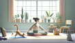 A detailed whimsical animated art scene showing a girl doing yoga with her cat stretching nearby.