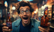Surprised happy man with disheveled hair and open mouth wearing glasses holding a bottle