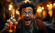 Surprised happy man with disheveled hair and open mouth wearing glasses holding a bottle