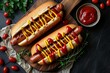 Barbecue grilled hot dog with sausage and yellow mustard with ketchup