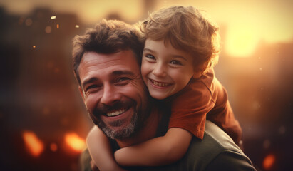 A father holding a little boy on his shoulders. Father's day consept. 