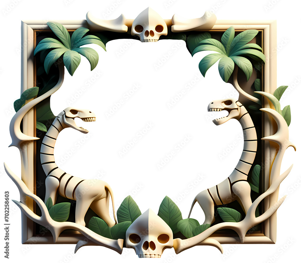 Jungle border frame banner, alien skull border dinosaur skeleton border illustration isolated on transparent background PNG.