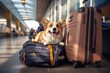 © Nikolai - The dog is at the airport next to the luggage waiting for his flight. The pet moves to another city and country, traveling with his best friend. Cute red-haired Welsh corgi pembroke. Generative AI.