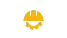 Worker Safety Helmet Icon Isolated With Gears Rotted On White Background.