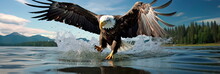Eagle's Majestic Descent From The Sky, Talons Extended, Aiming To Snatch A Fish From The Water's Surface With Incredible Precision.