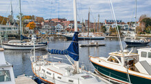 New England Harbor:  Yachts, Fishing Boats And Sailing Ships Gather In Camden, Maine On An October Afternoon.
