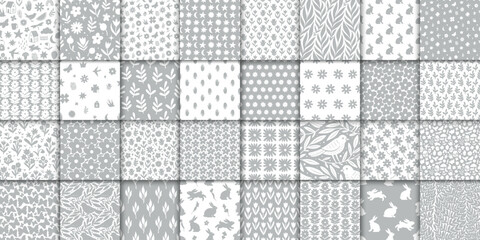 Wall Mural - 32 cute doodle seamless patterns. hand drawn seamless pattern with flowers leaves birds and symbols