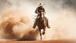 A man riding a horse wearing a cowboy hat in the dust of the prairie.