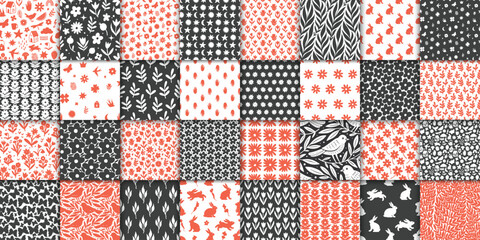 Wall Mural - 32 cute doodle seamless patterns. hand drawn seamless pattern with flowers leaves birds and symbols