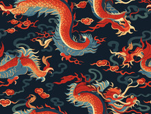 Pattern Of Chinese Dragon On The Wall,  Colorful And Dynamic Illustration Featuring A Mythical Dragon Emerging From The Roaring Waves Against A Radiant Red Sun.