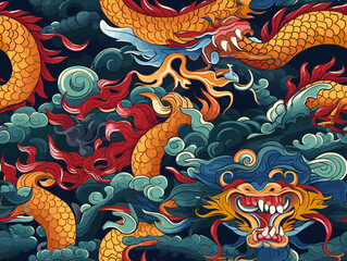  pattern of chinese dragon on the wall,  colorful and dynamic illustration featuring a mythical dragon emerging from the roaring waves against a radiant red sun.