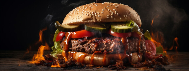 Wall Mural - Tasty spicy fried hamburgers with burning fire on dark background.