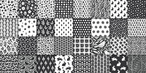 Wall Mural - 32 cute doodle seamless patterns. hand drawn seamless pattern with flowers leaves birds and symbols