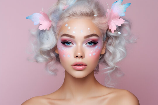 Woman with Carnival fairy costume makeup on pastel colored background