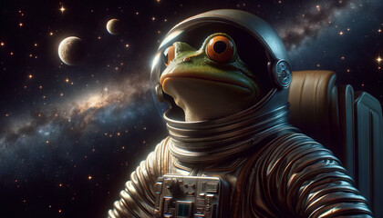 a humorous depiction of a frog in a space suit, floating in space, depicted in a whimsical, animated