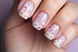 Woman's fingernails with white spring flowers on pastel pink base nail art design