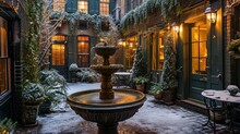 A Hidden Courtyard Nestled Between Historic Buildings, Now Embraced By Winter's Touch, Featuring A Fountain Frozen In Time And Surrounded By Softly Lit Lanterns