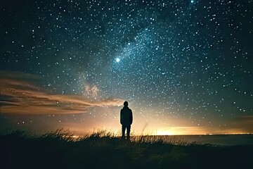Starry night adventure. Silhouette of man in cosmic landscape. Embracing cosmos. Lone traveler amidst milky way. Hiking to infinity standing on mountain under sky