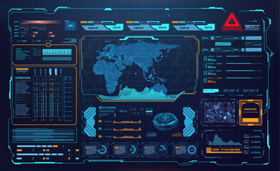 Fototapete - Advanced Global Surveillance Interface with Data Analytics and World Map Monitoring. HUD UI GUI data screen, digital dashboard interface and virtual infographics in futuristic style.