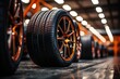 A new tire in Large warehouse of car tires, Transportation and automotive maintenance concept. ai generative