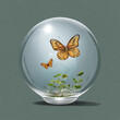 Illustration with a glass ball with beans and plants inside.