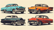 Set of four classic old muscle cars as vintage illustration