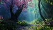 Magical spring forest, enchanting wood in pink, green hues and with blue light coming trough the trees, blossoms. Dream of beautiful nature, season renewal. Background.