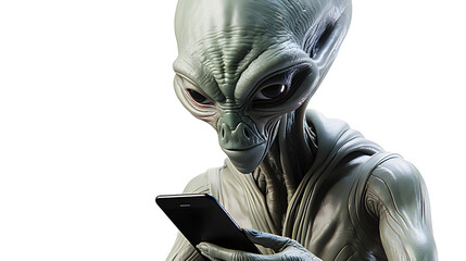 Alien Using Mobile Phone Image, Transparent Extraterrestrial Communicator, PNG Format, No Background, Isolated Outer Space Interaction, Sci-Fi Technology