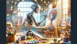 A whimsical, animated depiction of a cyborg artist creating a masterpiece with mechanical hands.