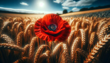 A Red Poppy Flower Standing Out In A Field Of Wheat.