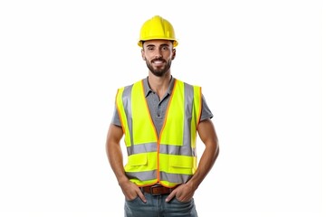 Wall Mural - Construction worker, engineer with a safety vest and hardhat on white background. contractor or architect in planning or renovation. ai generative